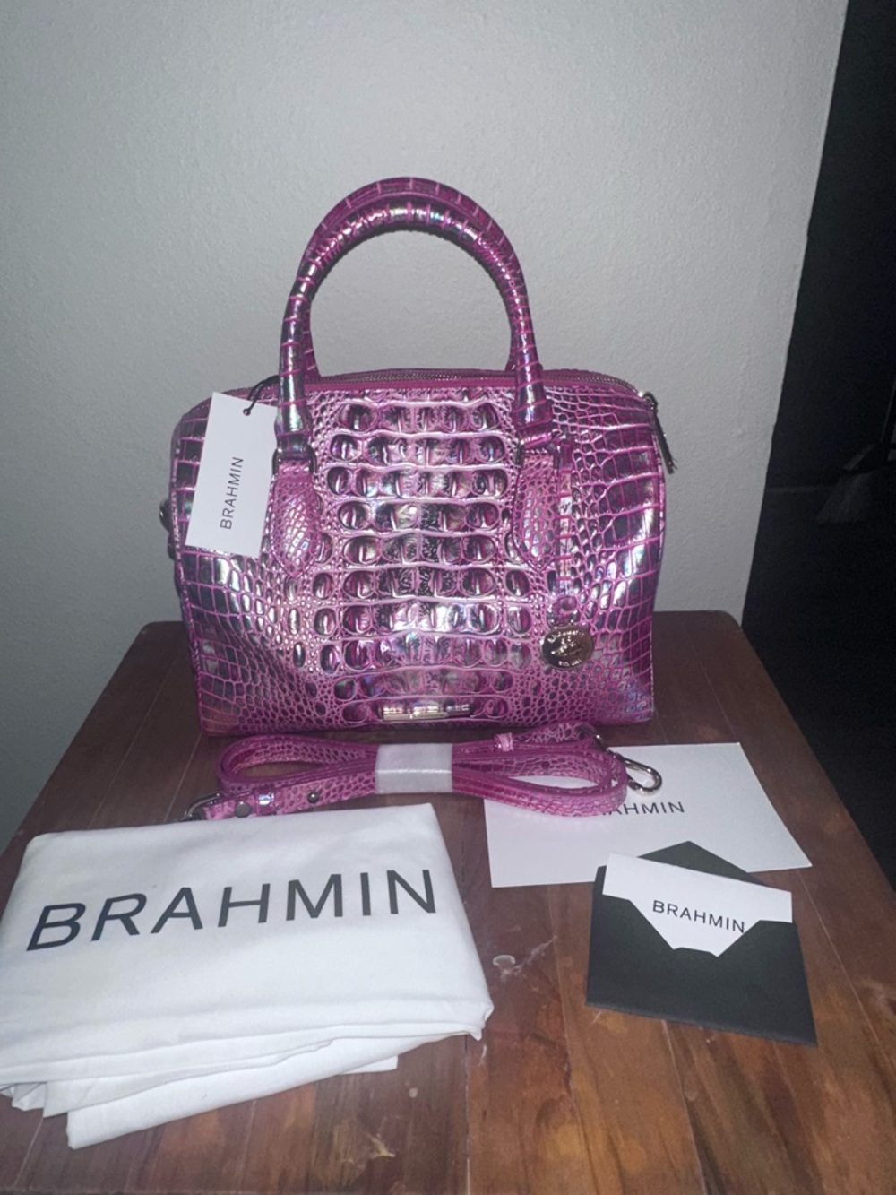 Brahmin Shiny Fuchsia Croco Top-Handle Satchel